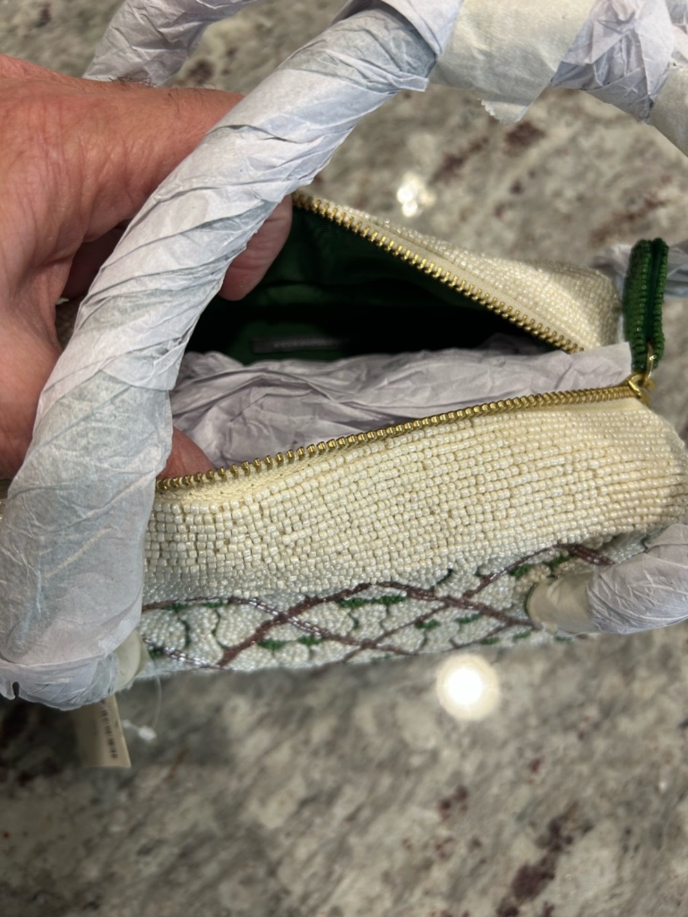Anthropologie Beaded Cream Tote with Green Handles and Pink Accent - Picture 10 of 12
